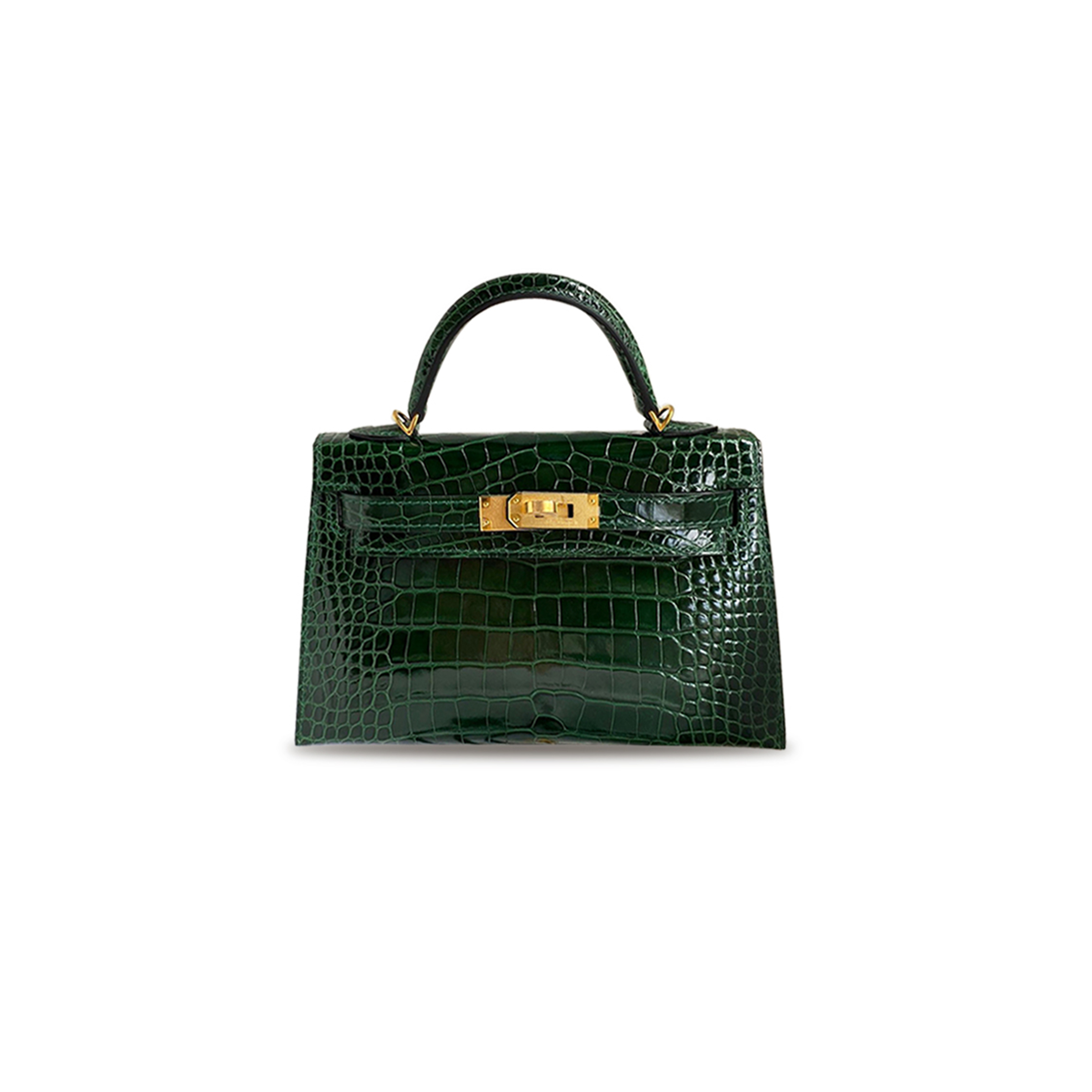 HERMÈS MASTER MINI KELLY II SHINY CROCODILE EMERALD GOLD BUCKLE (19*12*5.5cm)